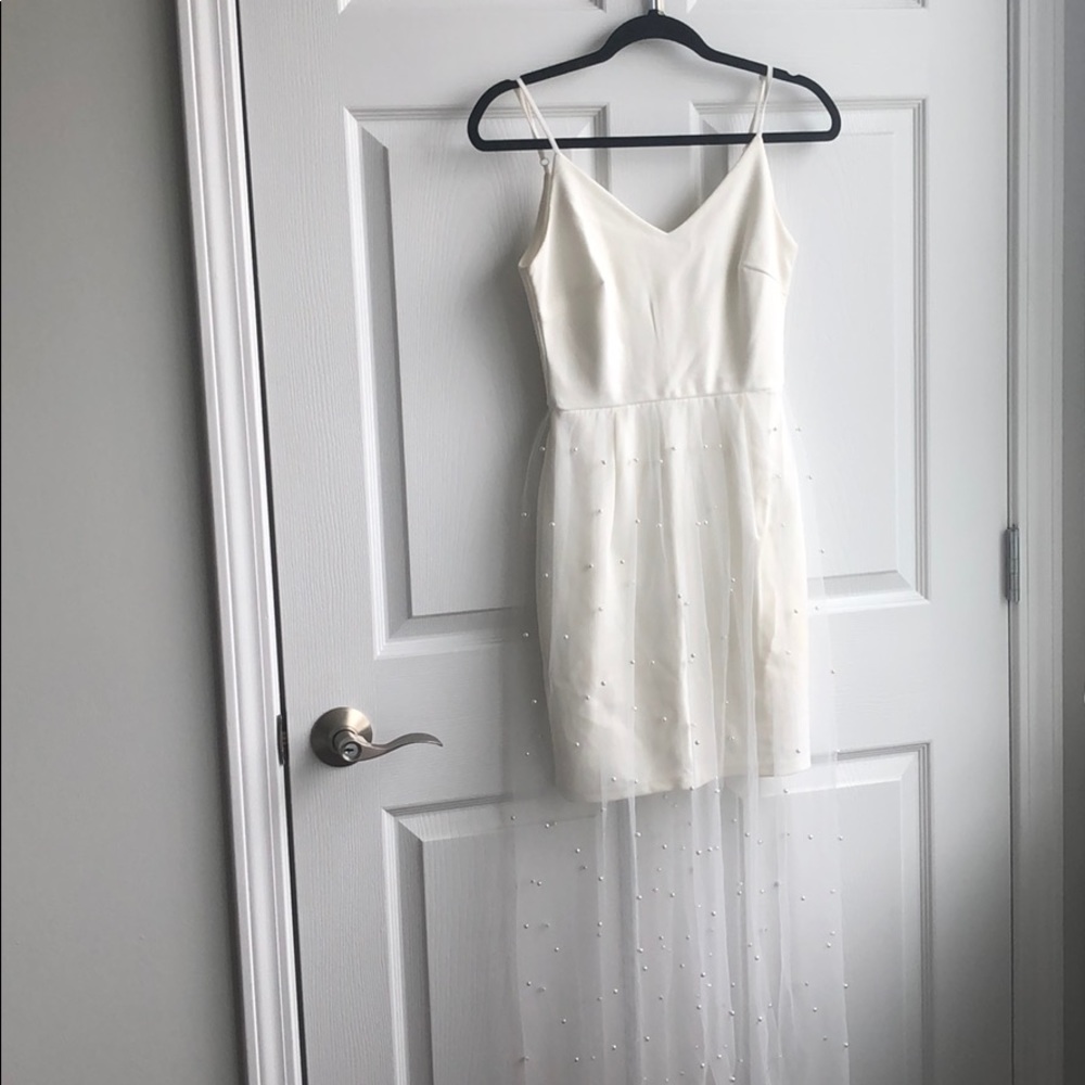 Lulu's White Mini Dress with Sheer Overlay